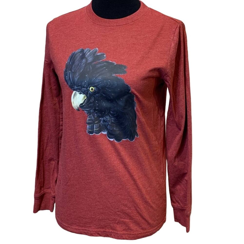 Upcycled Hand Printed Womens Large Black Cockatoo Parrot Ukraine Fundraiser Tee